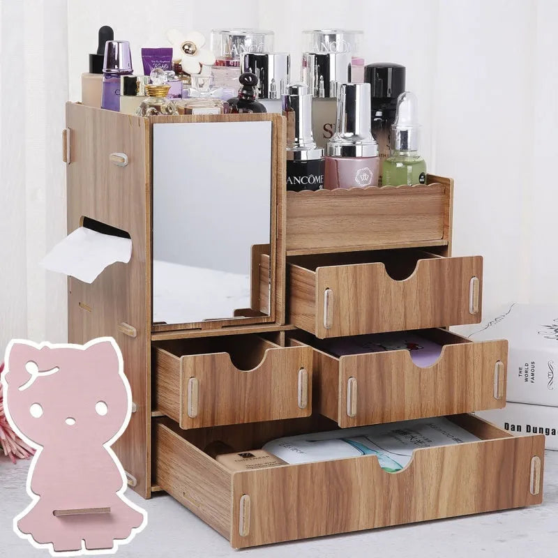 Wooden cosmetic storage box with drawer open showing internal compartments