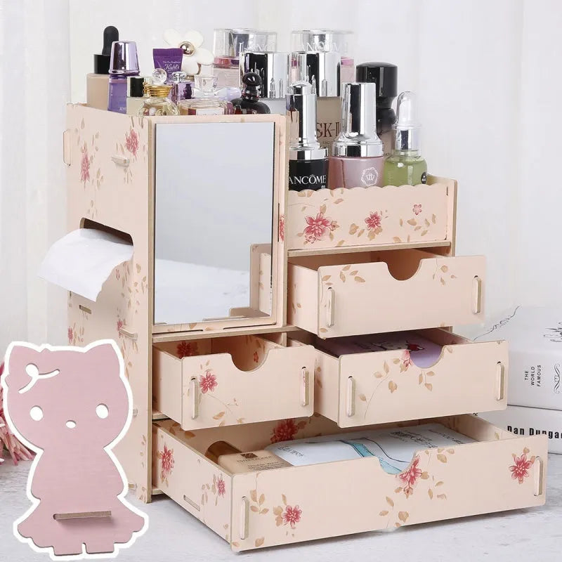 Wooden cosmetic storage box with drawer open showing internal compartments