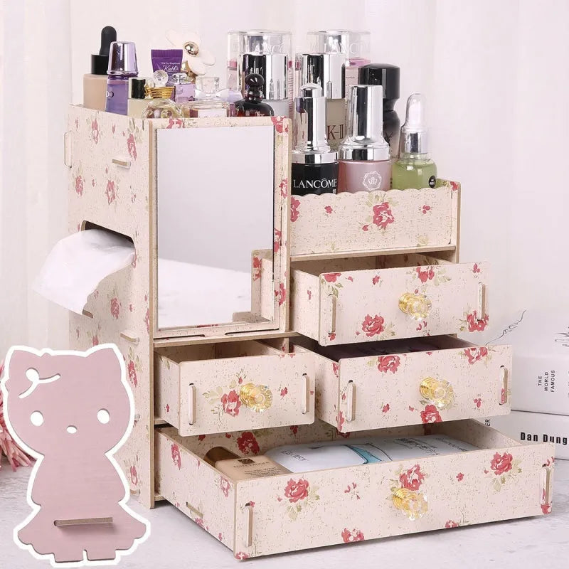 Wooden cosmetic storage box with drawer open showing internal compartments