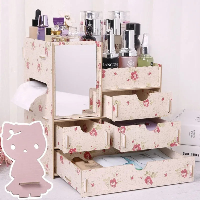 Wooden cosmetic storage box with drawer open showing internal compartments