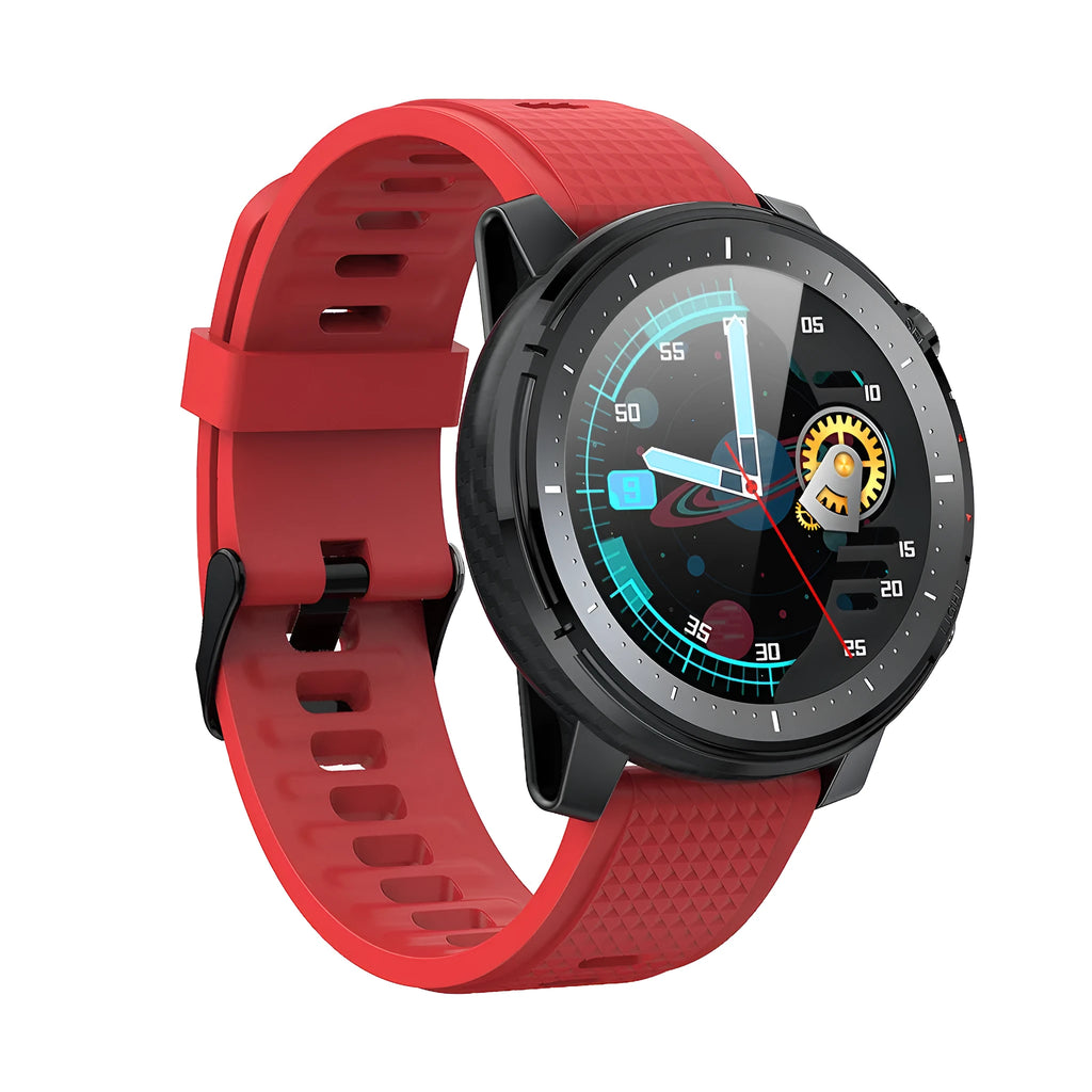 Android smart watch with round 1.3-inch screen and silicone strap showing IP68 waterproof rating