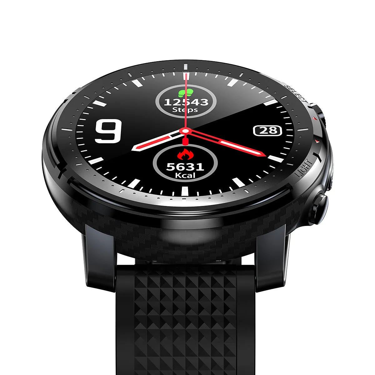 Android smart watch with round 1.3-inch screen and silicone strap showing IP68 waterproof rating
