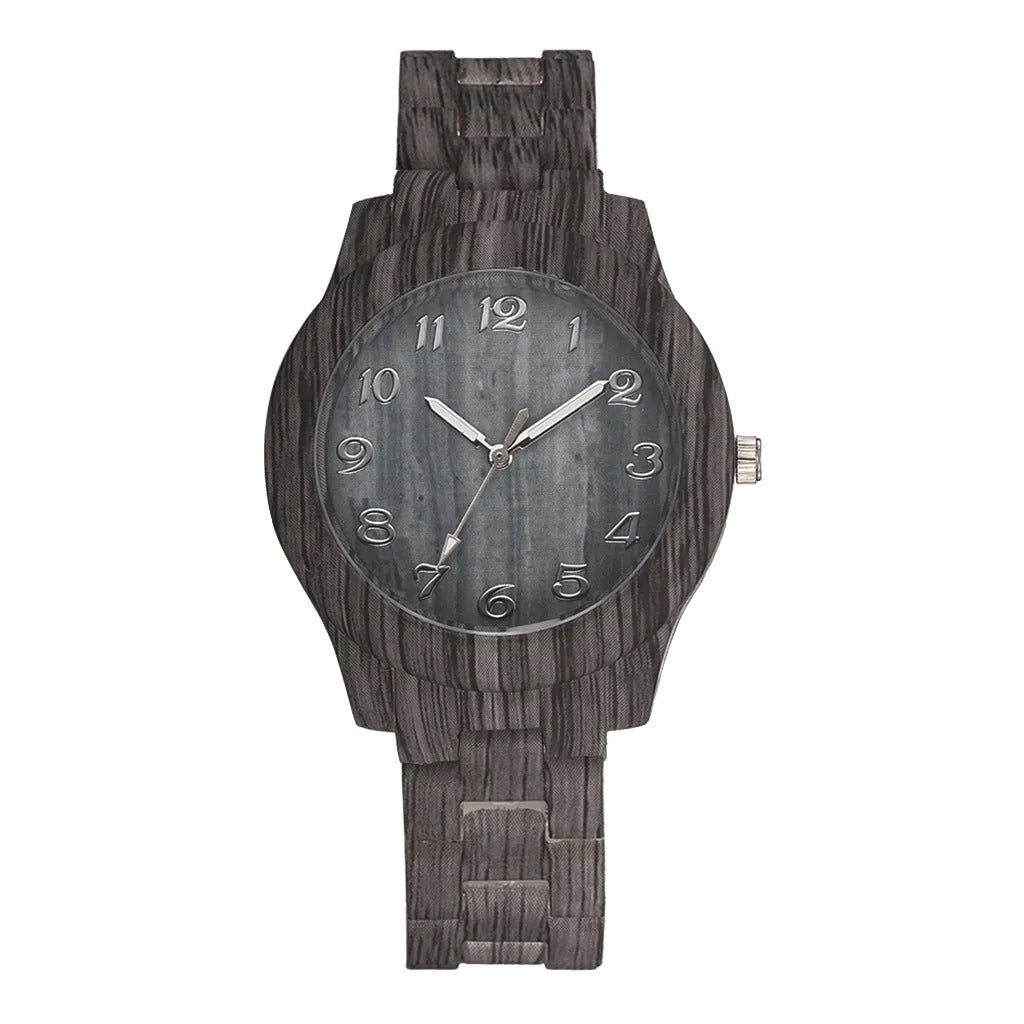 Simple wood grain dial quartz watch with silicone strap in beige, brown, grey, red, or white colour options.