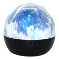 Starry sky projection lamp showing cosmic film image with plastic housing and push button.