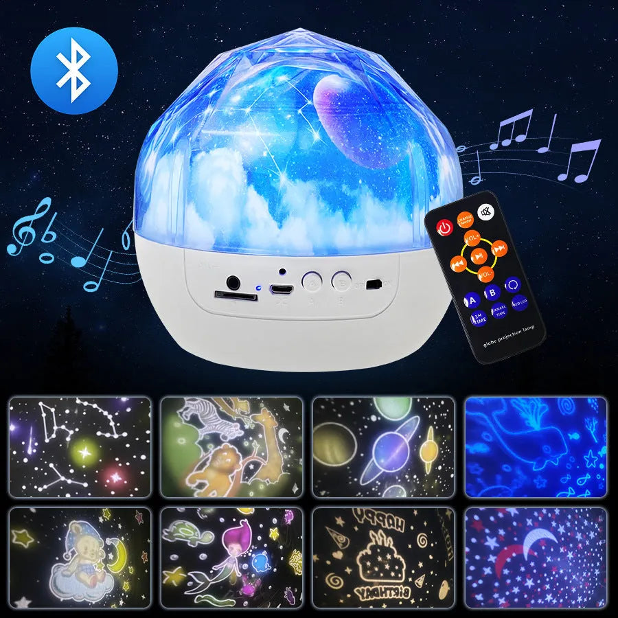 Starry sky projection lamp showing cosmic film image with plastic housing and push button.