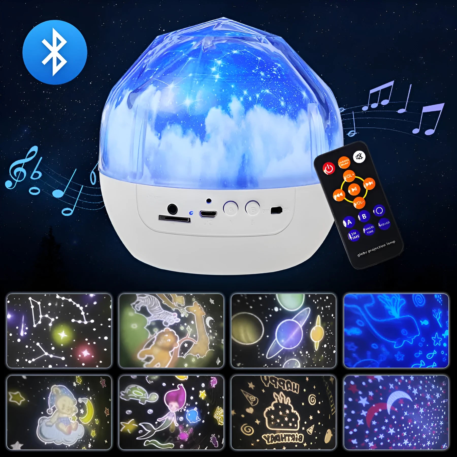 Starry sky projection lamp showing cosmic film image with plastic housing and push button.