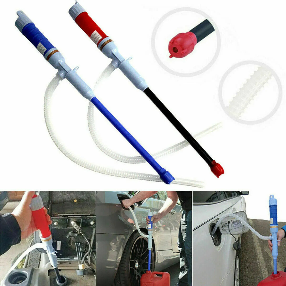 Blue manual hand siphon pump for transferring car truck fuel petrol diesel oil water