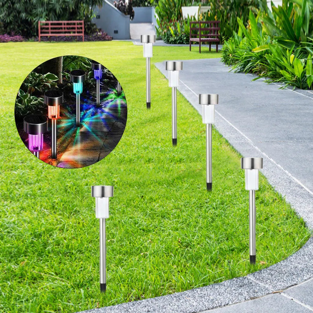 Stainless steel garden landscape light with LED illumination for outdoor pathway or patio lighting.