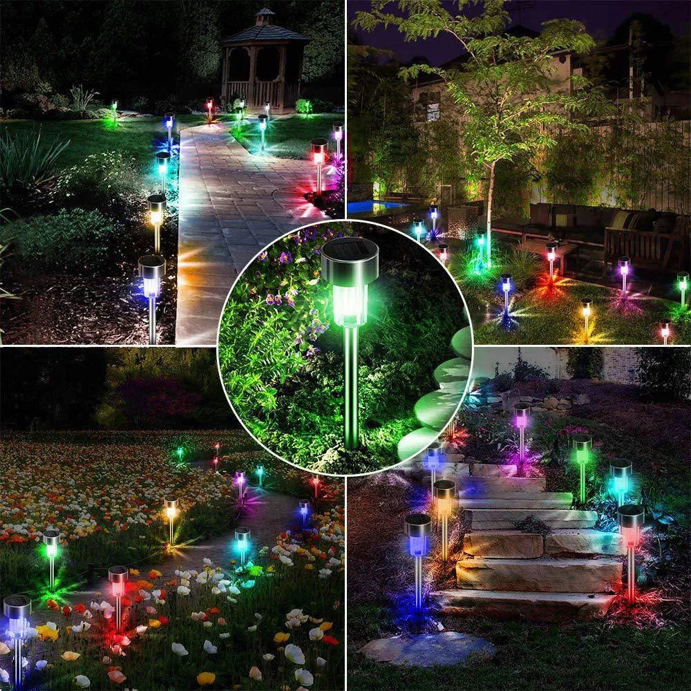 Stainless steel garden landscape light with LED illumination for outdoor pathway or patio lighting.