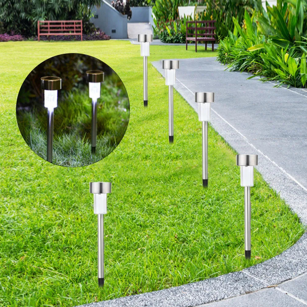 Stainless steel garden landscape light with LED illumination for outdoor pathway or patio lighting.