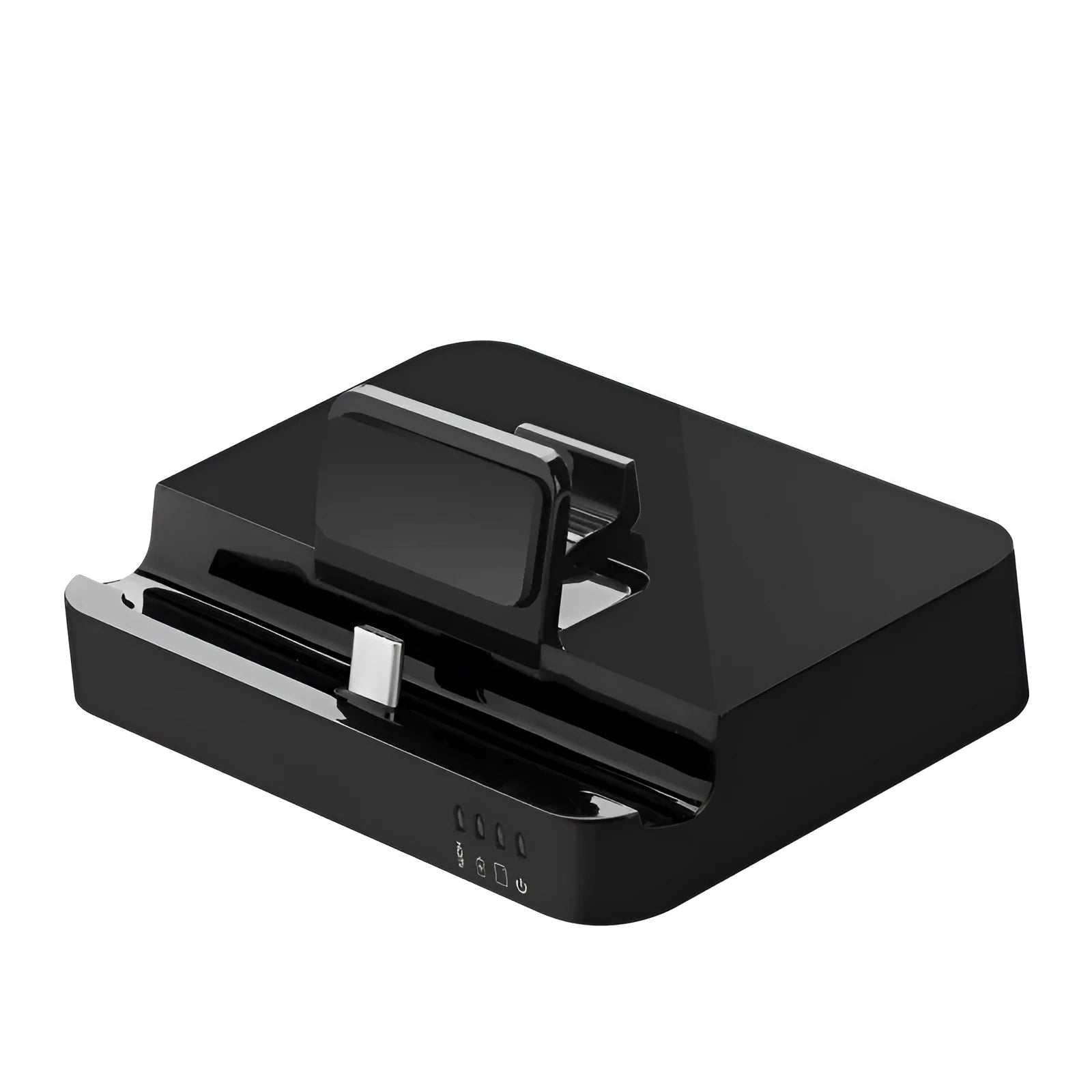 Black aluminium mobile phone to HD converter dock with USB-C interface