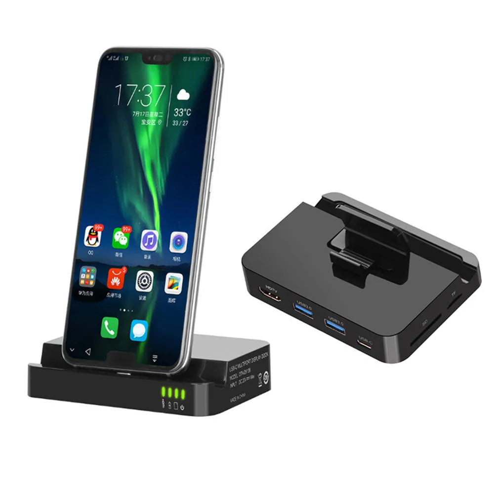 Black aluminium mobile phone to HD converter dock with USB-C interface