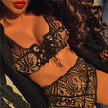 Women's three-point lingerie set with transparent bralette and high-waist panty in black, nylon fabric