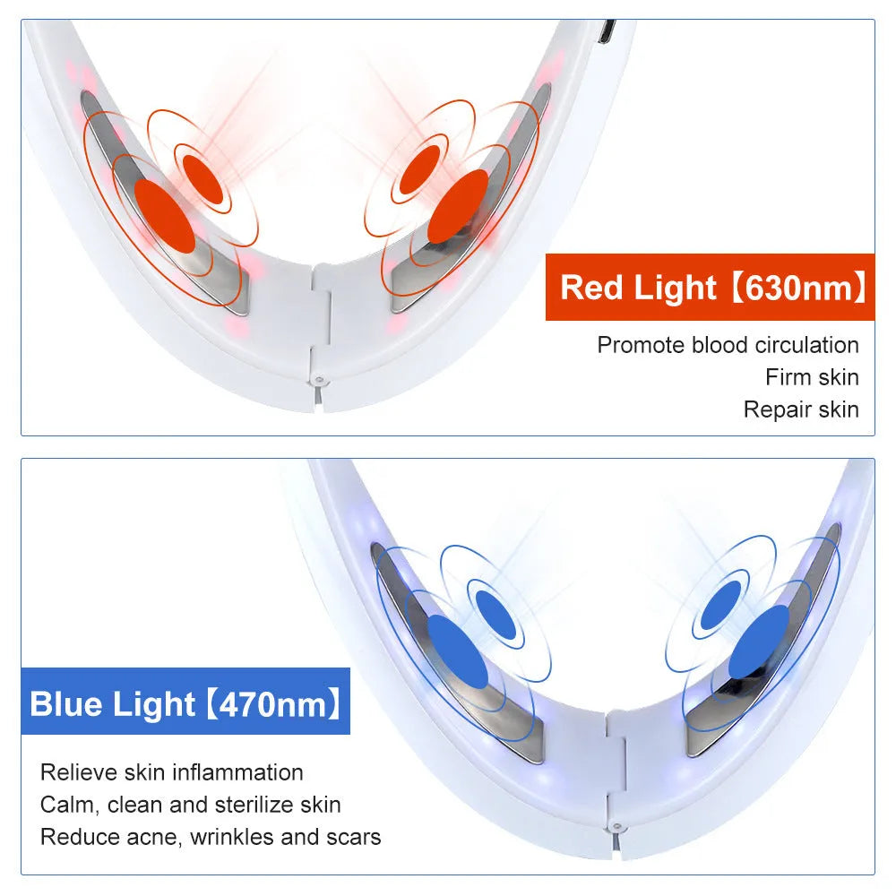 White multifunctional facial lifting device with red and blue light therapy LEDs