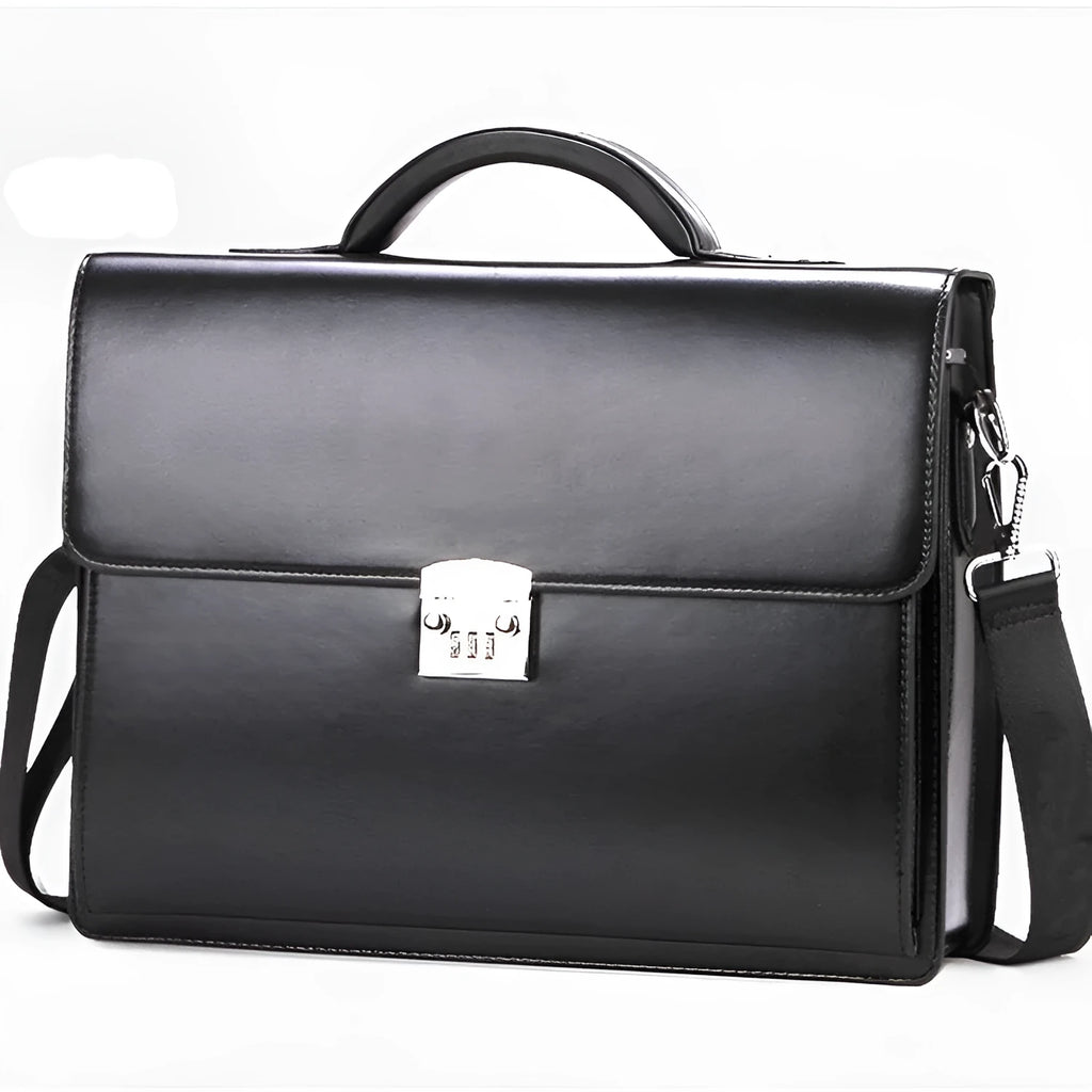 Men's black PU leather business briefcase with horizontal square shape and zipper closure
