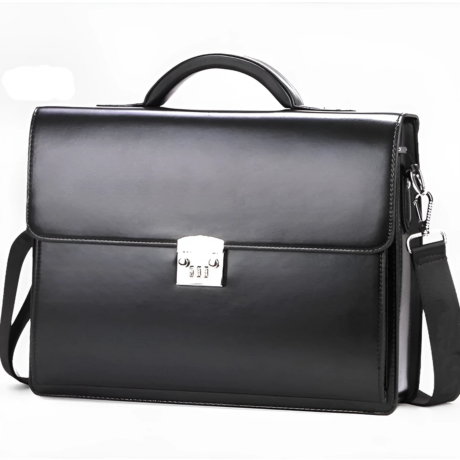 Men's black PU leather business briefcase with horizontal square shape and zipper closure
