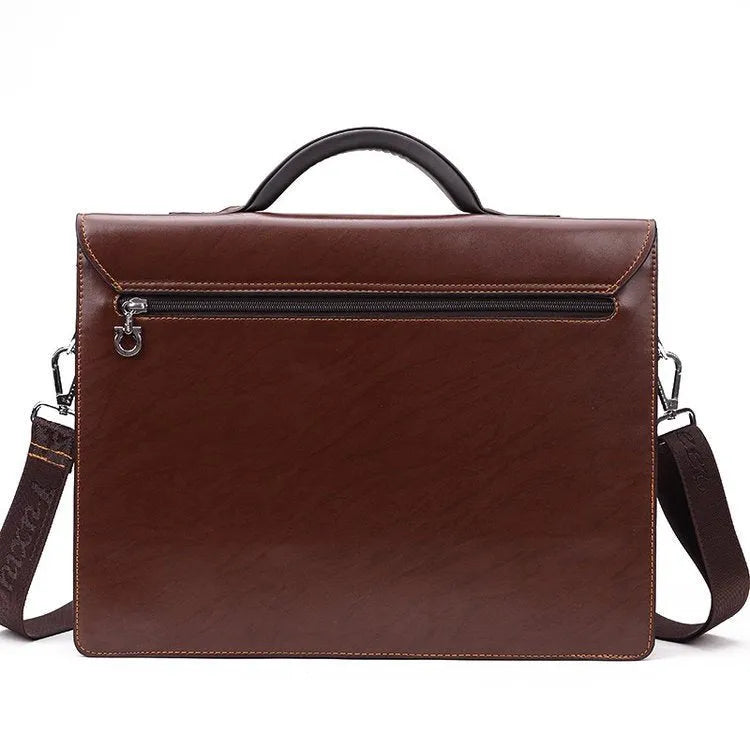 Men's black PU leather business briefcase with horizontal square shape and zipper closure