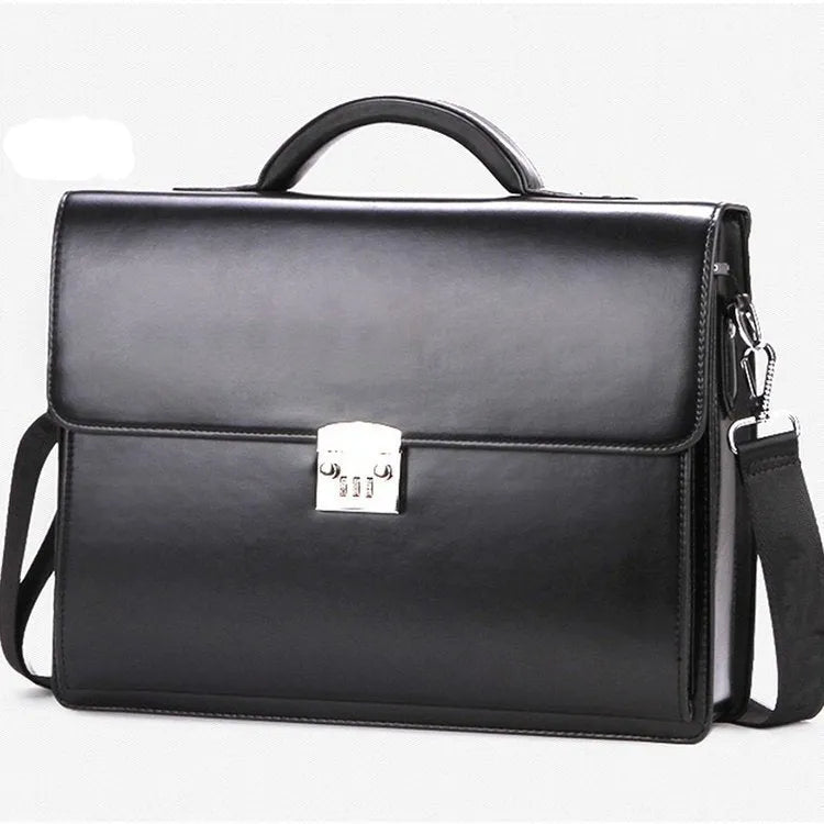 Men's black PU leather business briefcase with horizontal square shape and zipper closure