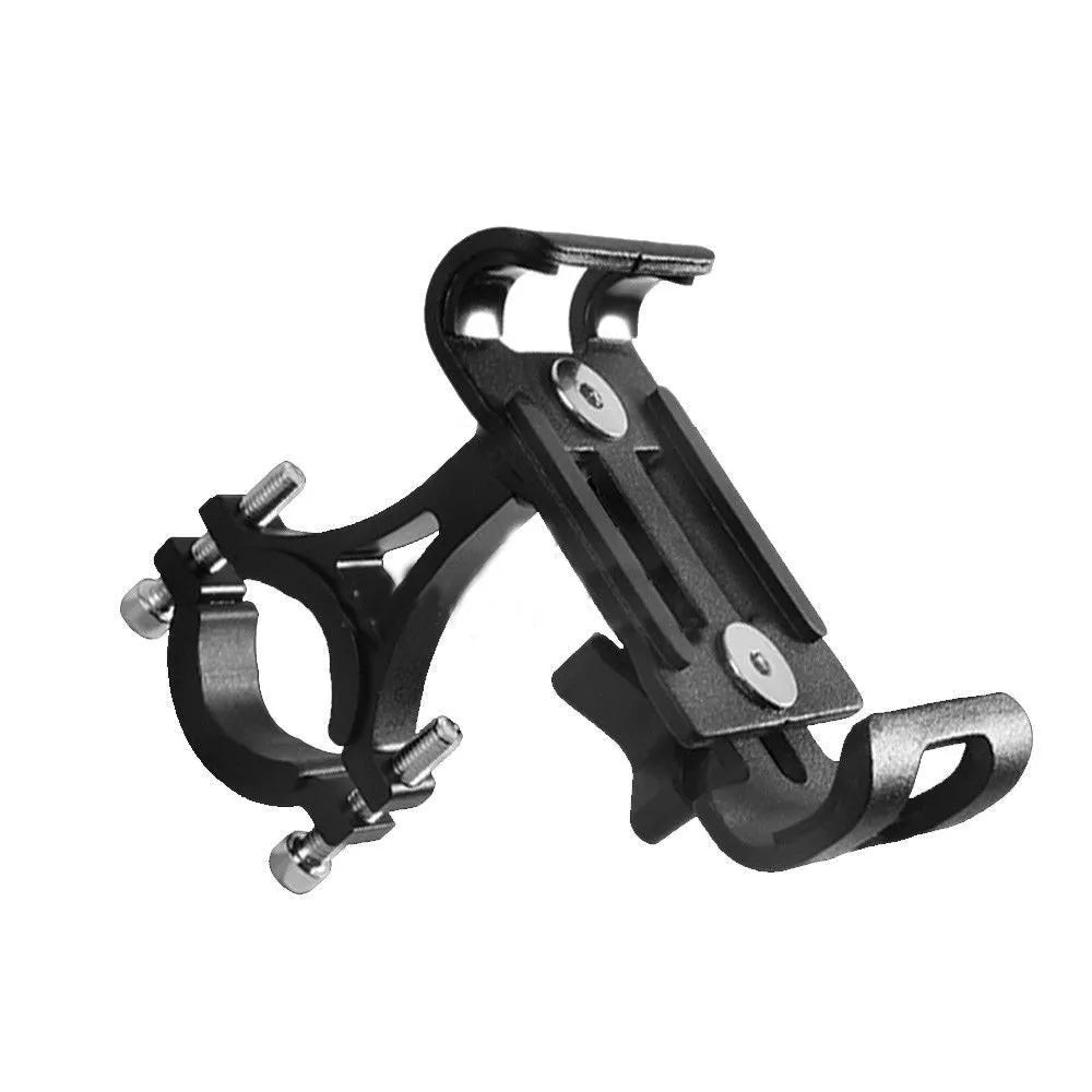 Bicycle aluminium alloy phone holder mounted on handlebar with phone in view, available in multiple colours and rotatable option.