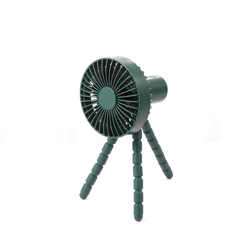 Small adjustable tripod desk fan with a bending head, shown in black, green, pink, or white.