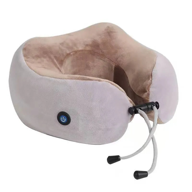 Brown U-shaped electric neck massage pillow with USB charging cable