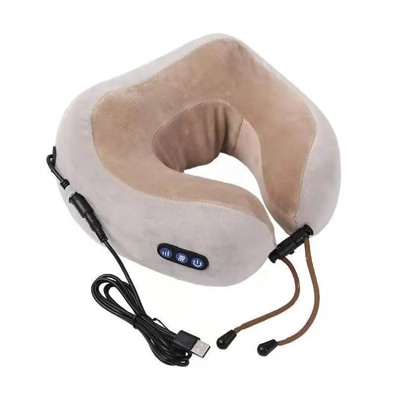 Brown U-shaped electric neck massage pillow with USB charging cable