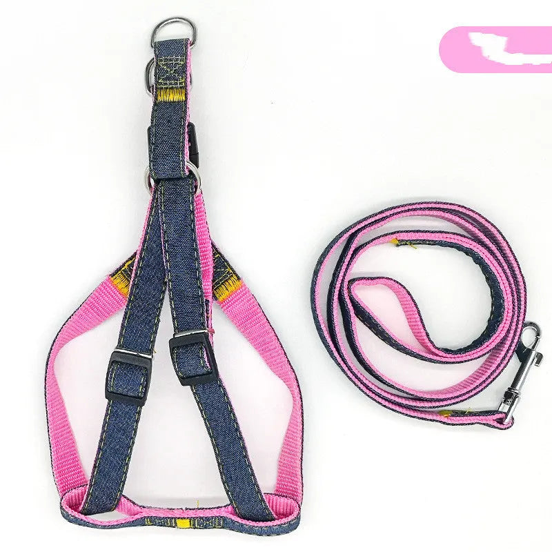 Denim nylon dog traction rope harness in black with 120cm leash adjustable chest and neck straps