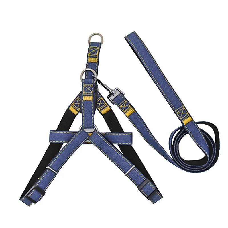 Denim nylon dog traction rope harness in black with 120cm leash adjustable chest and neck straps
