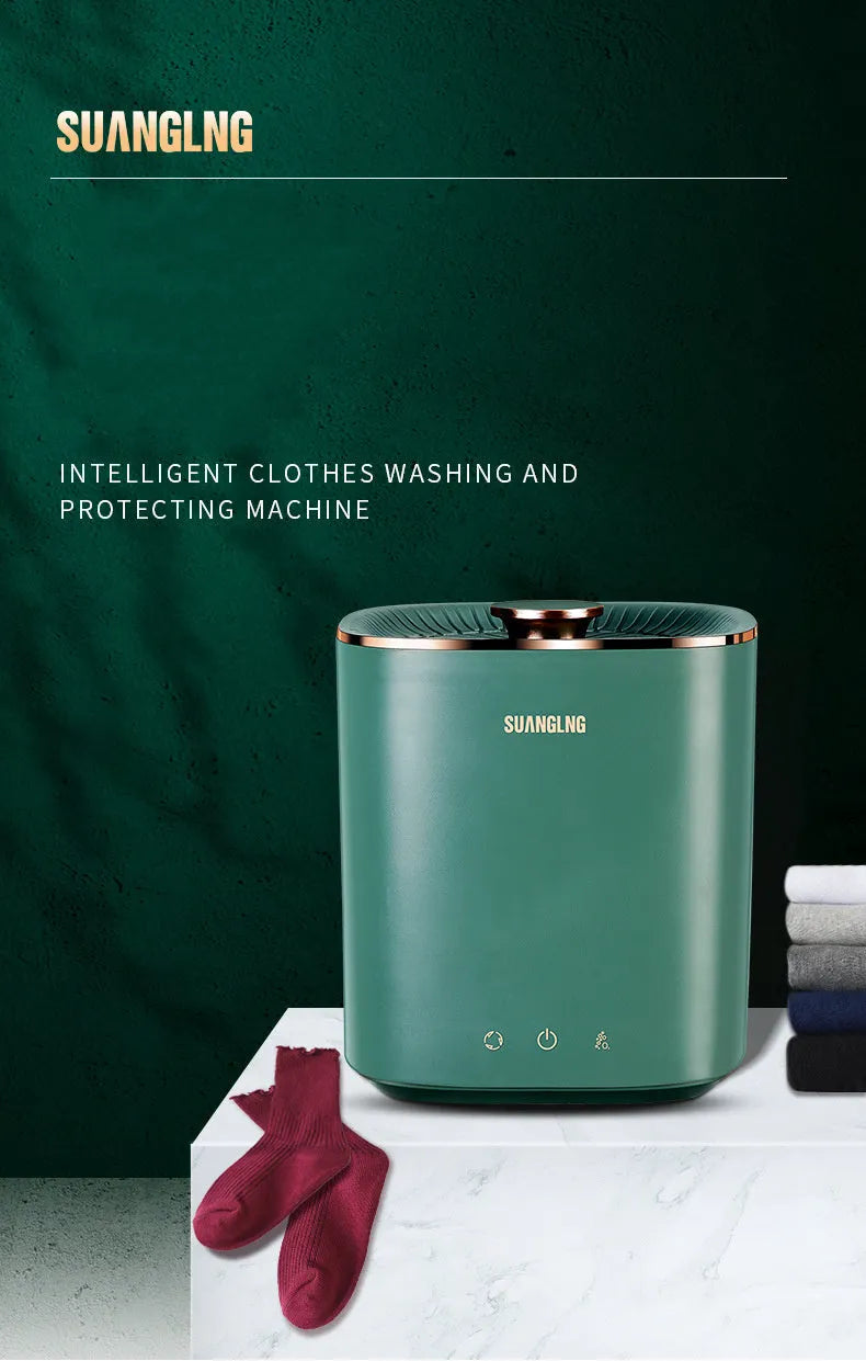 Green or white mini portable washing machine for underwear and socks on a countertop.