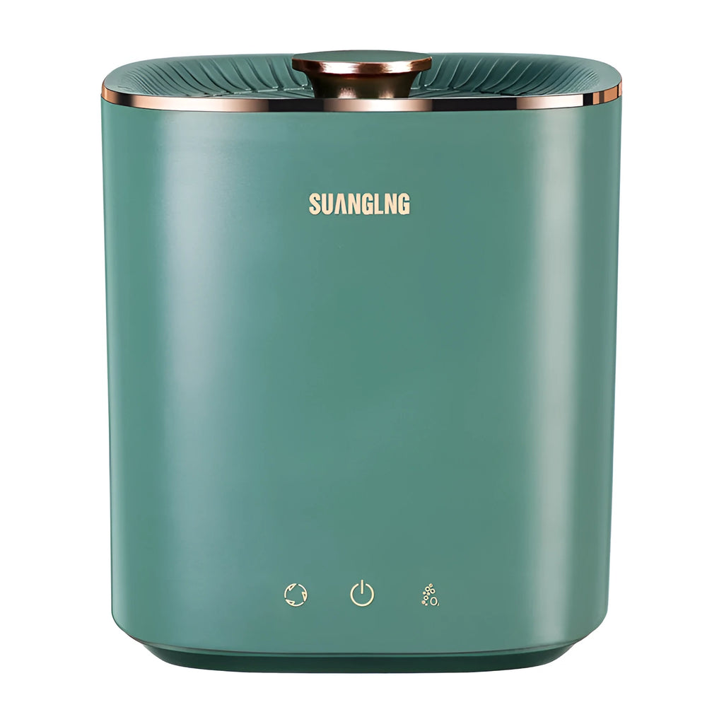 Green or white mini portable washing machine for underwear and socks on a countertop.