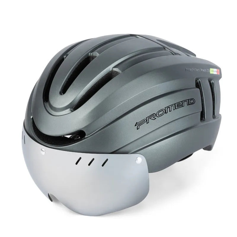Integrated molding cycling helmet with LED warning light in black and white, size L for adults
