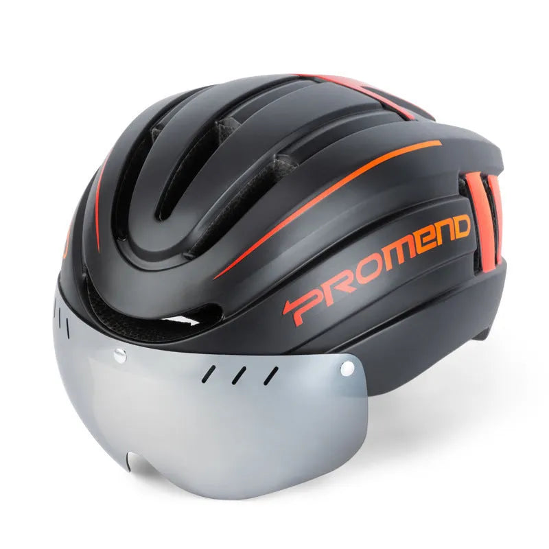 Integrated molding cycling helmet with LED warning light in black and white, size L for adults