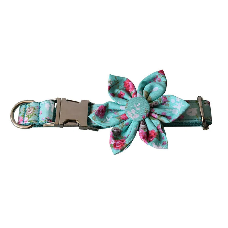 Green rose cotton dog collar and leash set with flower pattern on neutral background