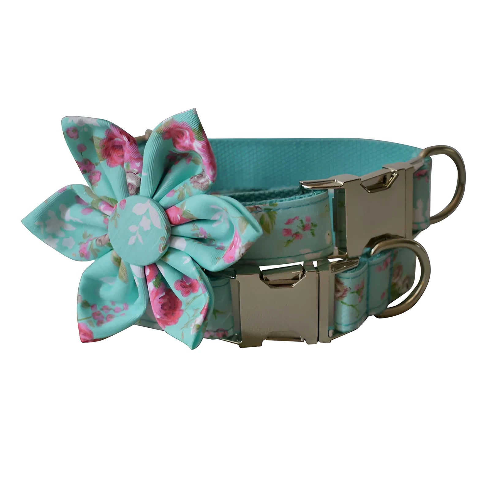 Green rose cotton dog collar and leash set with flower pattern on neutral background