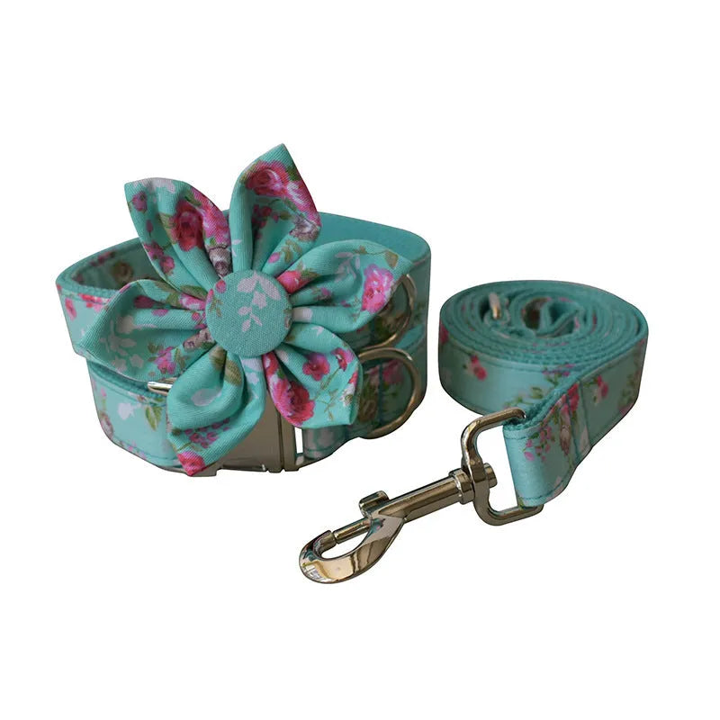 Green rose cotton dog collar and leash set with flower pattern on neutral background