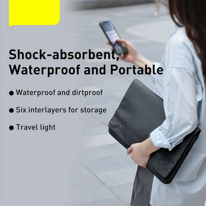Black waterproof anti-collision multi-compartment handheld iPad storage bag with lock closure for 13 inch laptop