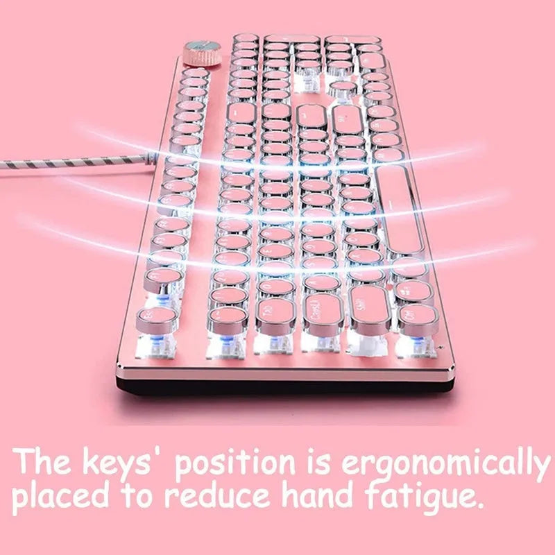 Green axis mechanical keyboard with silver bottom and pink accents, multimedia keys, USB wired connection