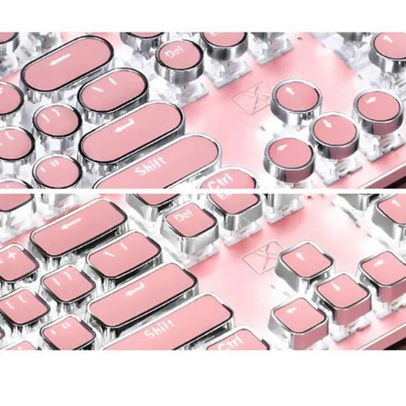 Green axis mechanical keyboard with silver bottom and pink accents, multimedia keys, USB wired connection