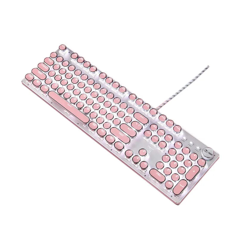 Green axis mechanical keyboard with silver bottom and pink accents, multimedia keys, USB wired connection