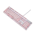 Green axis mechanical keyboard with silver bottom and pink accents, multimedia keys, USB wired connection