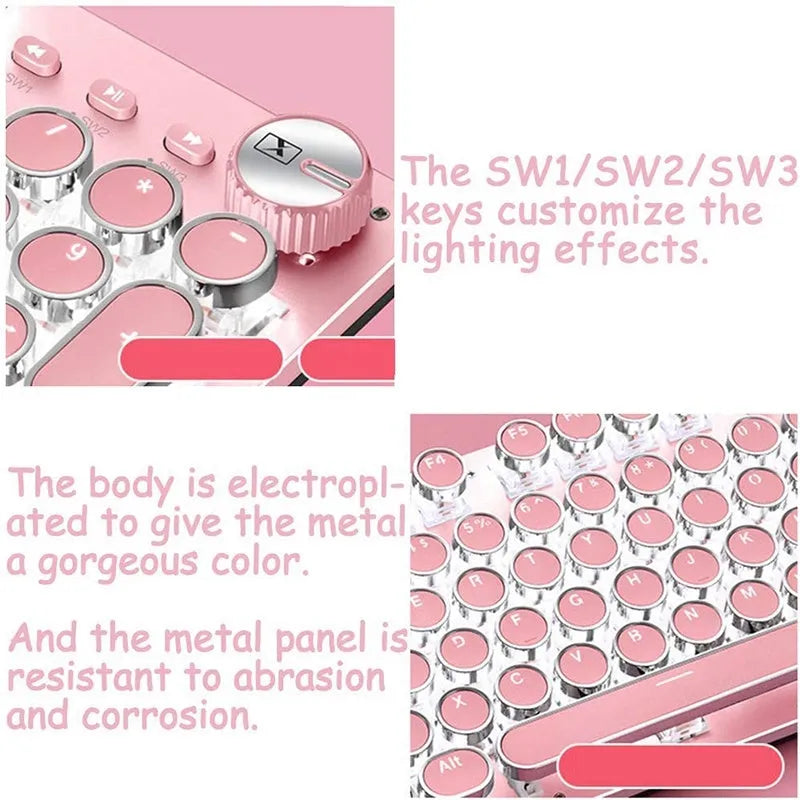 Green axis mechanical keyboard with silver bottom and pink accents, multimedia keys, USB wired connection
