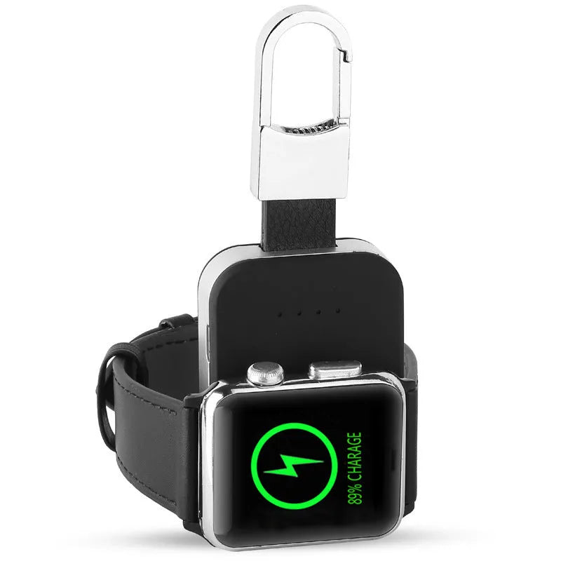 Black Apple Watch wireless charging power bank keychain with compact rectangular design