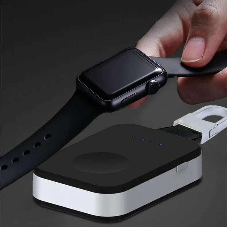 Black Apple Watch wireless charging power bank keychain with compact rectangular design