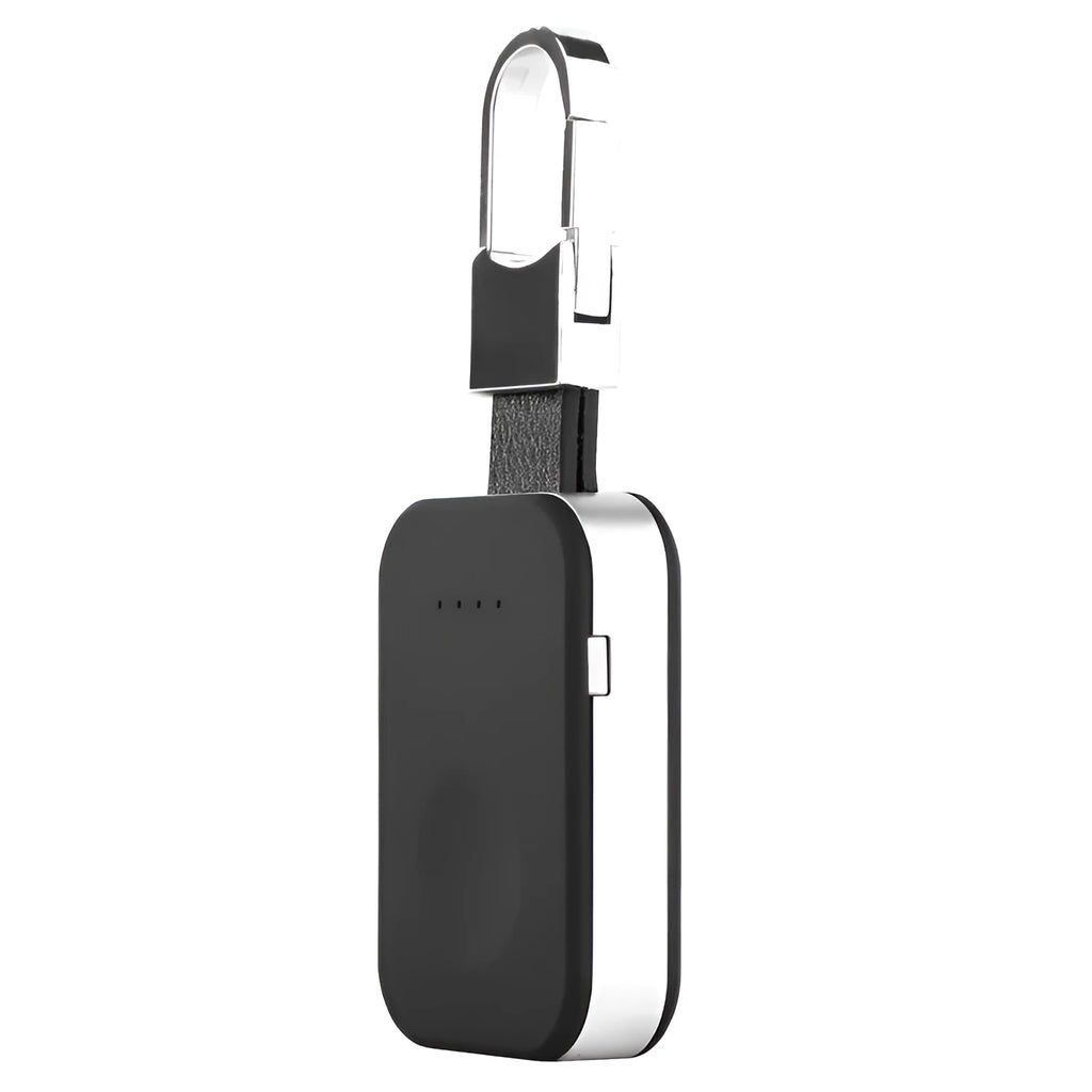 Black Apple Watch wireless charging power bank keychain with compact rectangular design