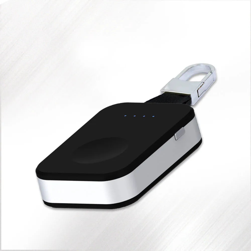 Black Apple Watch wireless charging power bank keychain with compact rectangular design