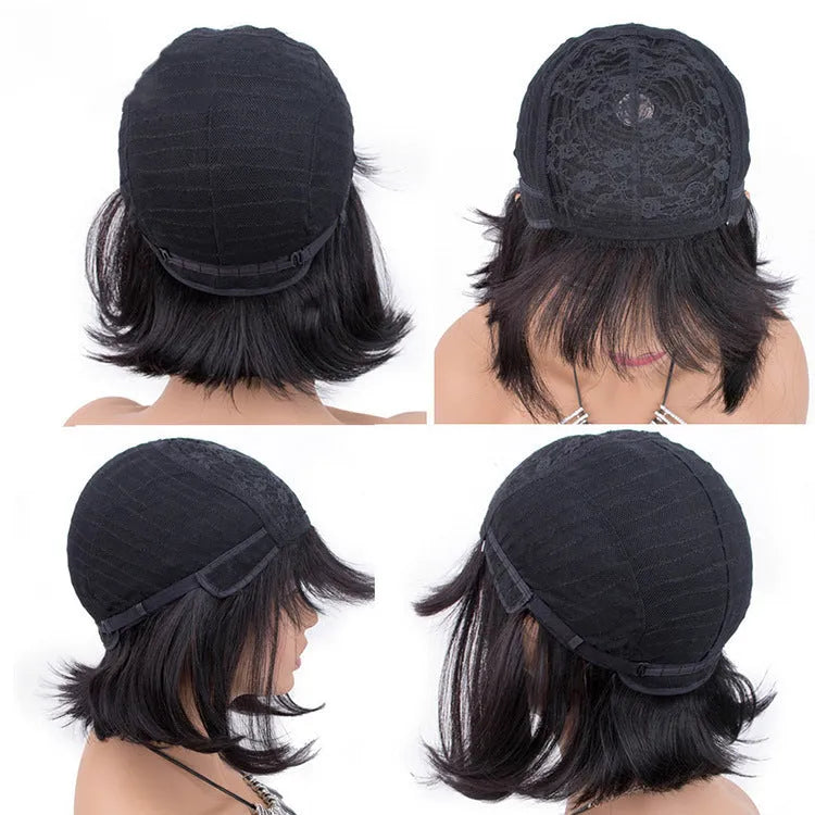 Unice Hair real human hair wig in black, 10 inches long, displayed on a mannequin head.