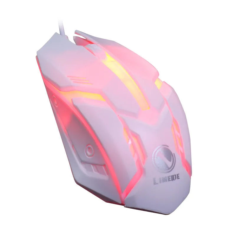 Wired USB computer mouse with colourful LED glow, black or white luminous shell, 3 buttons, and 1.3m cable.