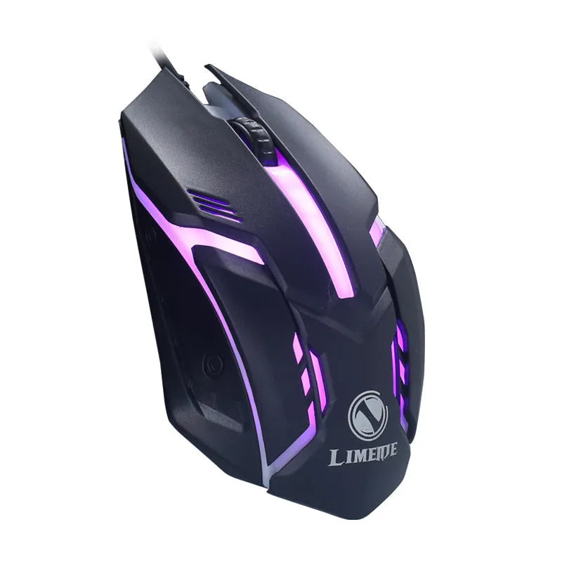 Wired USB computer mouse with colourful LED glow, black or white luminous shell, 3 buttons, and 1.3m cable.