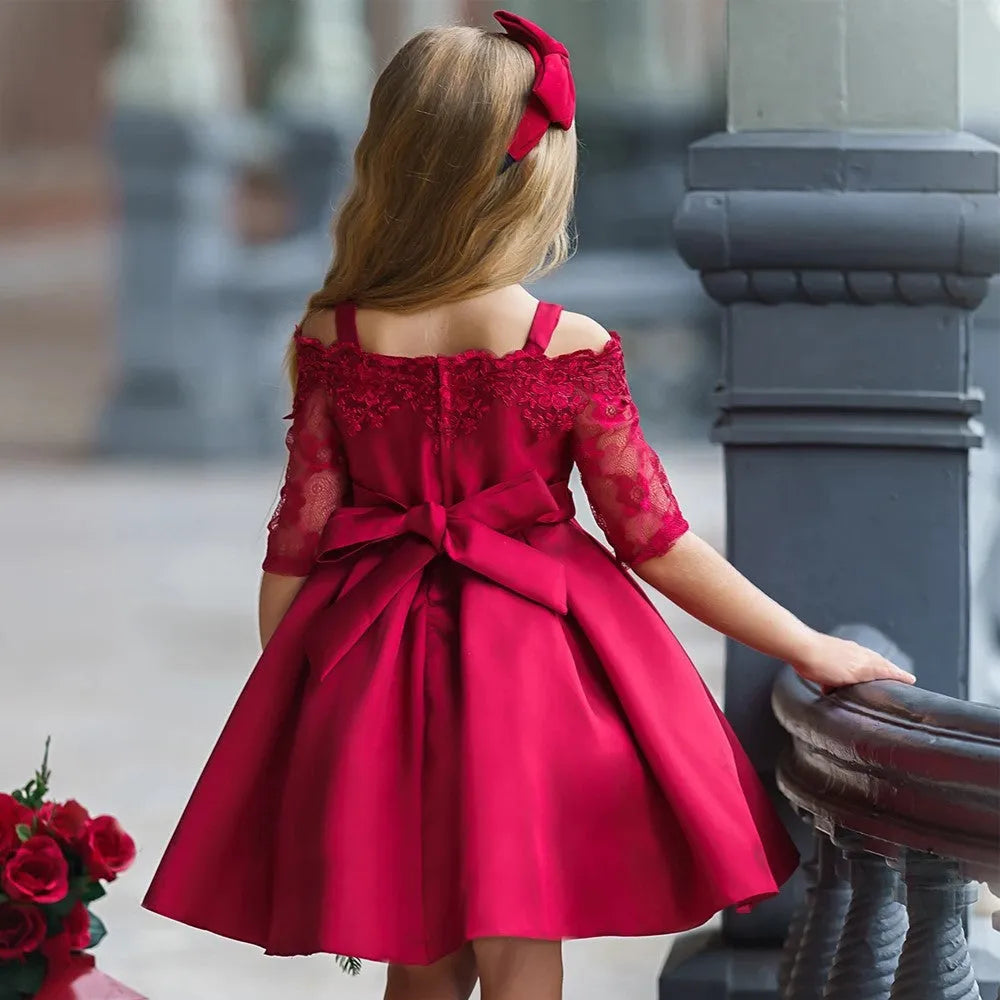 Simple lace-trim polyester dress for toddler girls in red, available in sizes 3T to 10T