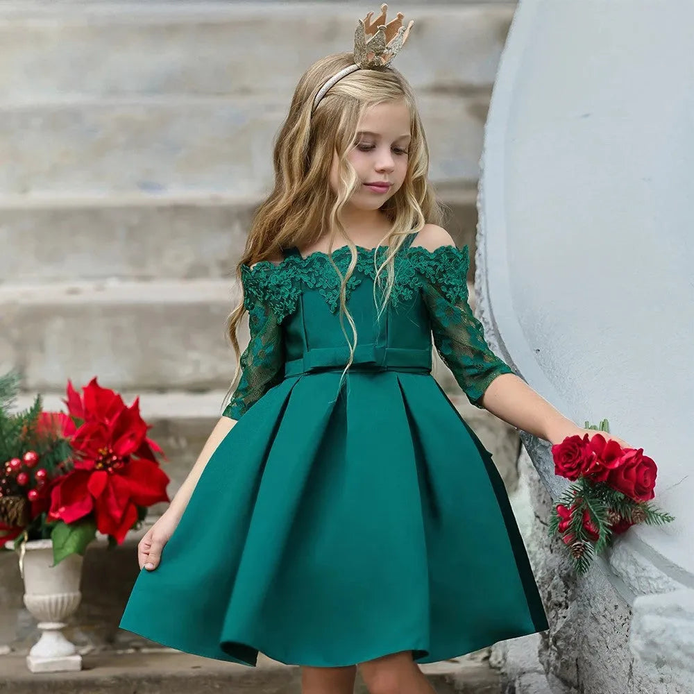 Simple lace-trim polyester dress for toddler girls in red, available in sizes 3T to 10T